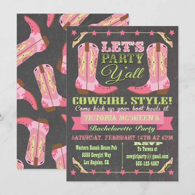 Chalkboard Cowgirl Western Bachelorette Party Invitation (Front/Back)