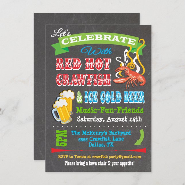 Chalkboard Crawfish Boil Party Invitations (Front/Back)