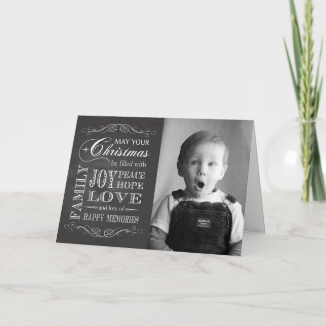 Chalkboard-custom photo Christmas filled with Joy Holiday Card (Front)
