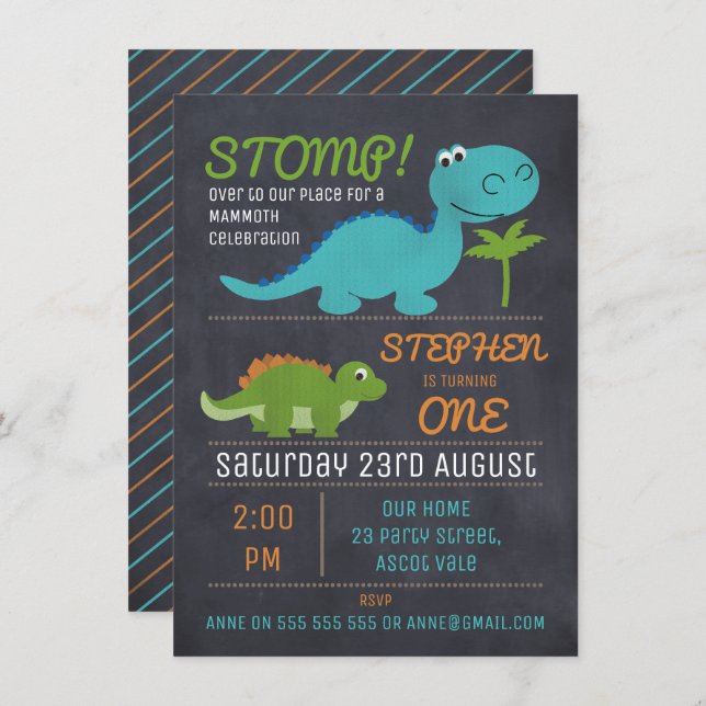 Chalkboard Cute Dinosaurs Birthday Invitation (Front/Back)