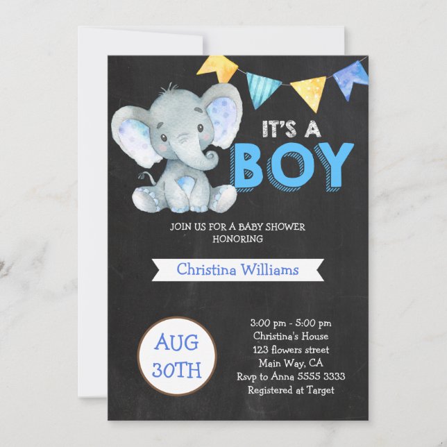 Chalkboard Cute Elephant Boy Baby Shower Invitation (Front)