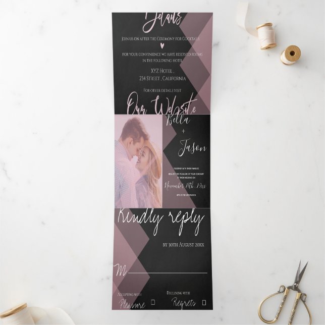 Chalkboard | Cute Pastel Multi Photo Wedding Tri-Fold Invitation (Inside)