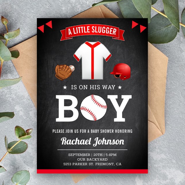 Chalkboard Cute Sports Boy Baseball Baby Shower Invitation (Creator Uploaded)