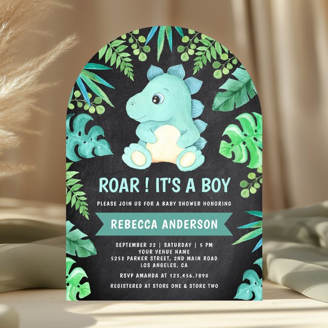 Chalkboard Cute Teal Dinosaur Arch Baby Shower Invitation (Creator Uploaded)