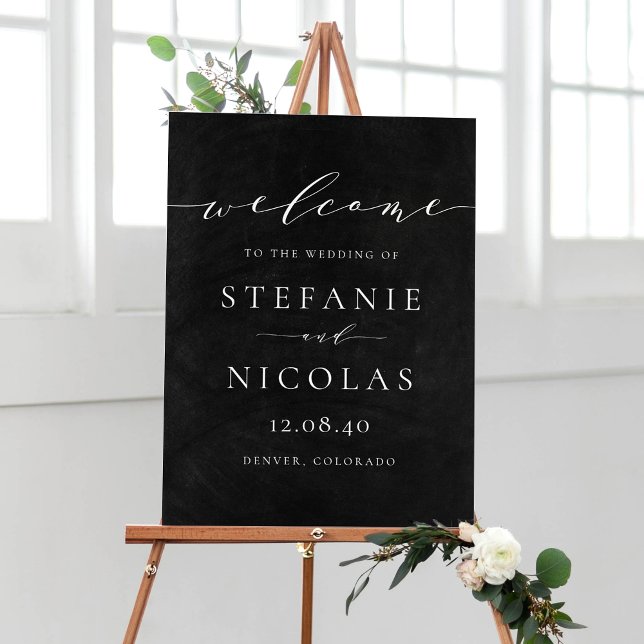 Chalkboard Dainty Script Wedding Welcome Sign (Customizable faux chalkboard minimalist script wedding welcome sign)