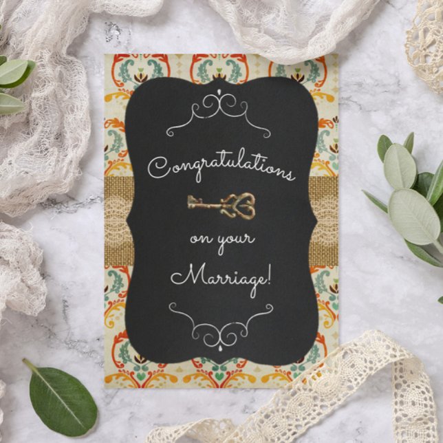 Chalkboard Damask Lock & Key Wedding Card (Creator Uploaded)