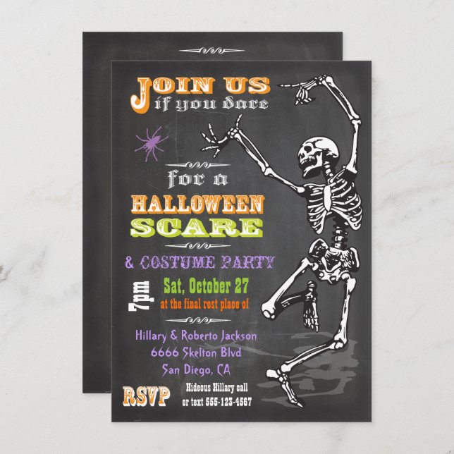 Chalkboard Dancing Skeleton Halloween Party Invite (Front/Back)