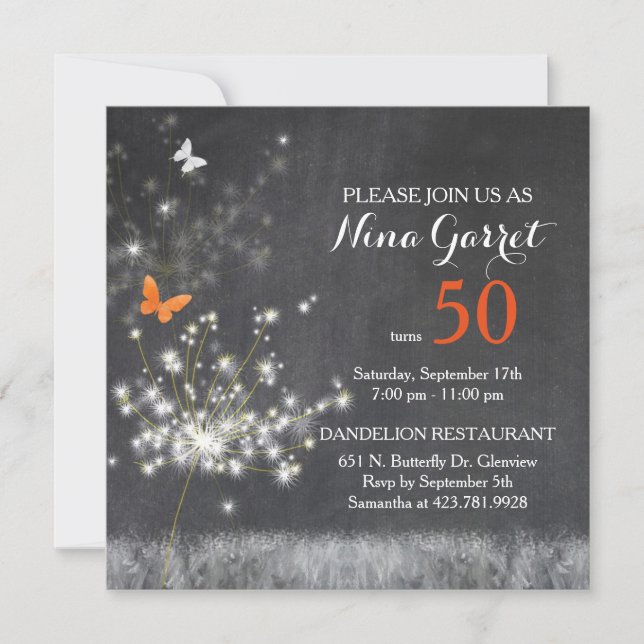 Chalkboard Dandelion 50th Birthday Party Invitation (Front)