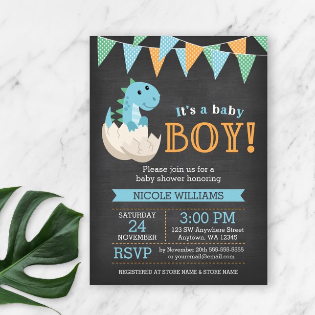 Chalkboard Dinosaur Boy Baby Shower Invitations (Creator Uploaded)