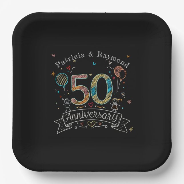 Chalkboard Doodles 50th Anniversary Personalised Paper Plate (Front)