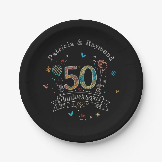 Chalkboard Doodles 50th Anniversary Personalised  Paper Plate (Front)