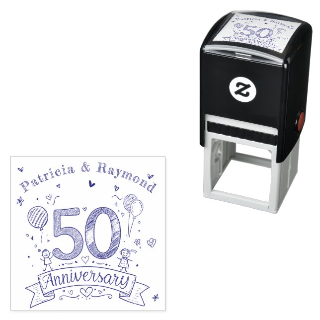 Chalkboard Doodles 50th Anniversary Personalised  Self-inking Stamp (In Situ)