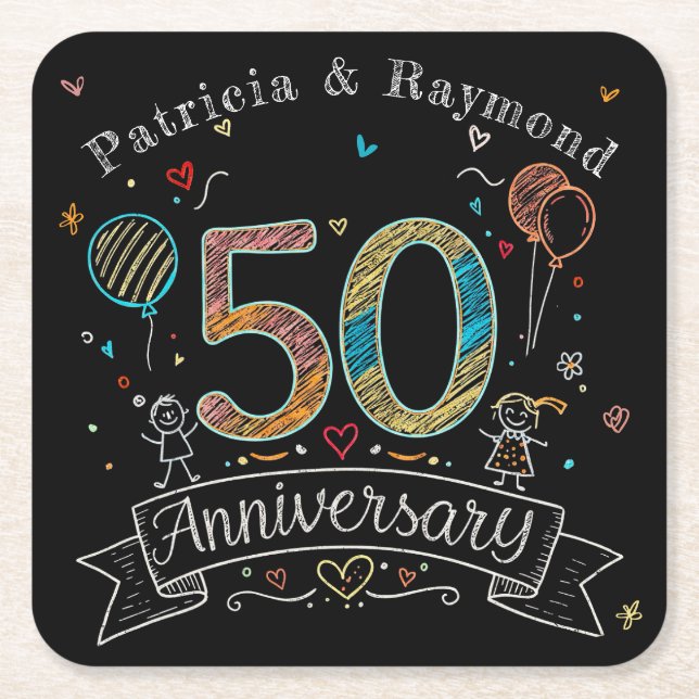 Chalkboard Doodles 50th Anniversary Personalised Square Paper Coaster (Front)