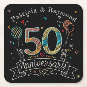 Chalkboard Doodles 50th Anniversary Personalized Square Paper Coaster