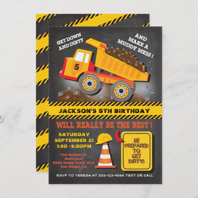 Chalkboard Dump Truck Construction Birthday Party Invitation (Front/Back)