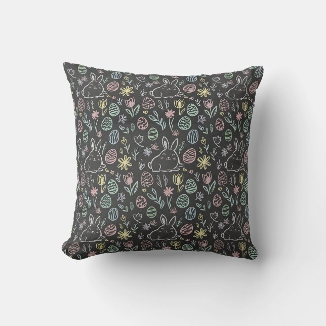 Chalkboard Easter Bunny Doodle Pattern Cushion (Front)