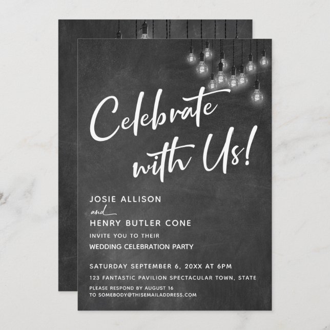 Chalkboard Edison Lights Modern Celebrate with Us Invitation (Front/Back)