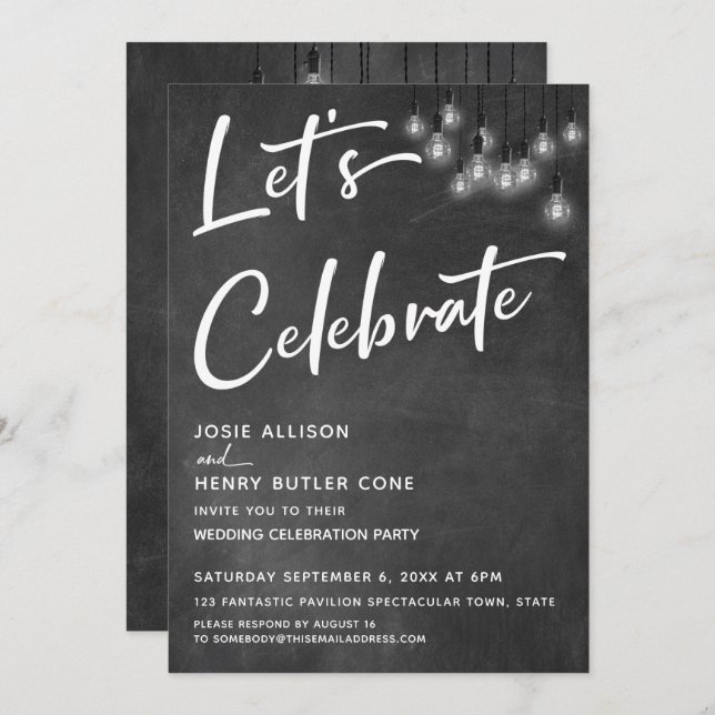 Chalkboard Edison Lights Modern Let's Celebrate Invitation (Front/Back)