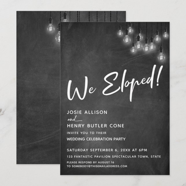 Chalkboard Edison Lights Modern We Eloped Invitation (Front/Back)