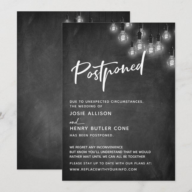 Chalkboard Edison Lights Postponed Wedding Invitation (Front/Back)