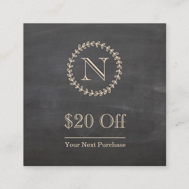 Chalkboard Elegant Monogram Square Discount Card (Front)