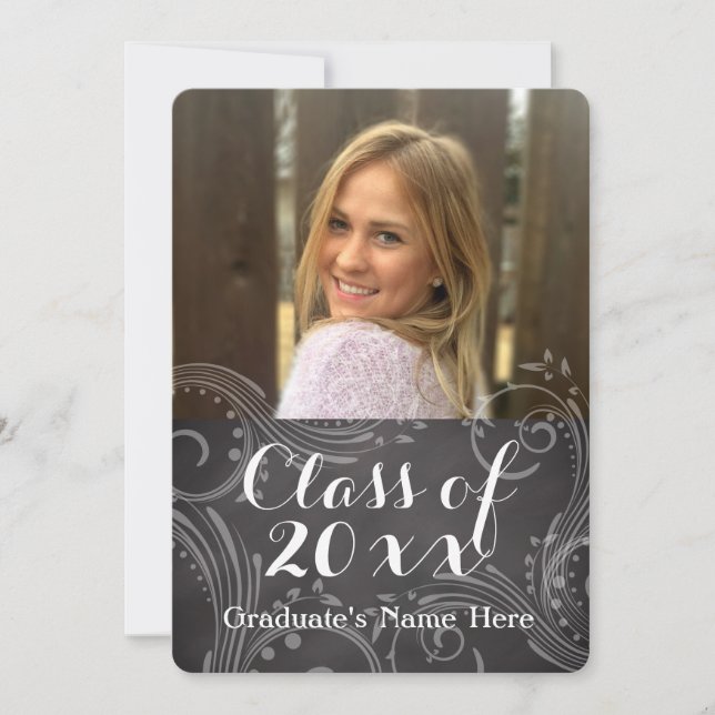 Chalkboard Elegant Swirl Photo Graduation Invitation (Front)