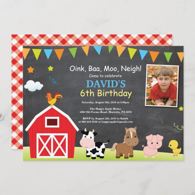 Chalkboard Farm Birthday Invitation Barnyard Party (Front/Back)