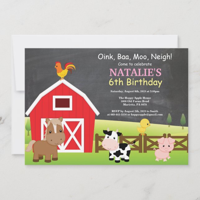 Chalkboard Farm Birthday Invitation Barnyard Party (Front)