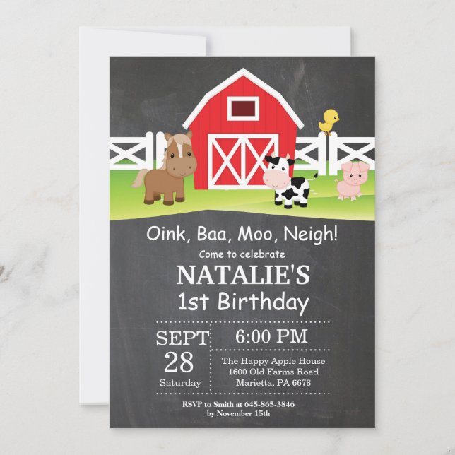 Chalkboard Farm Birthday Invitation Barnyard Party (Front)