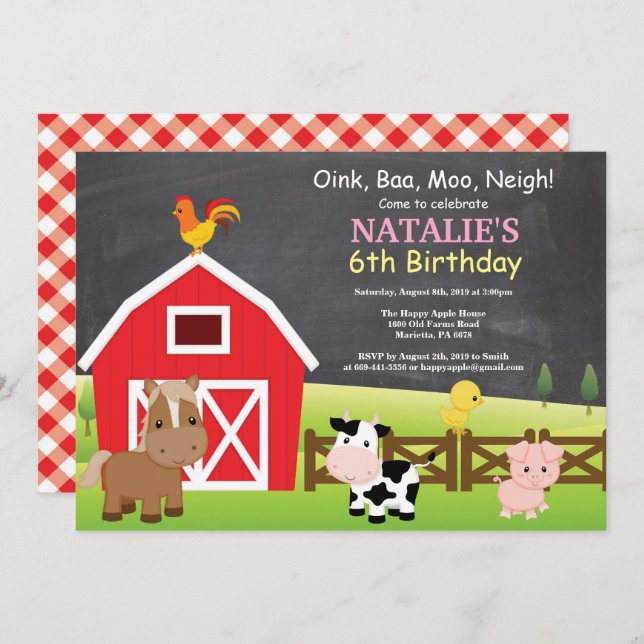 Chalkboard Farm Birthday Invitation Barnyard Party (Front/Back)