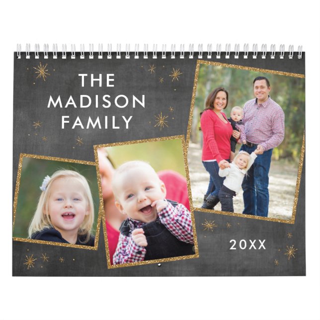 Chalkboard & Faux Gold Glitter Photo Collage Calendar (Cover)