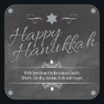 Chalkboard Faux Silver Glitter Hanukkah Square Sticker<br><div class="desc">A chalkboard background shows off the words "Happy Hanukkah" which is rendered in a silver faux glitter effect. A silver glittery Star of David punctuates the top of the design. Dreidels are added as accents along with curvy ornaments to frame your special message. Perfect way to make your Hanukkah celebration...</div>