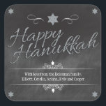 Chalkboard Faux Silver Glitter Hanukkah Square Sticker<br><div class="desc">A chalkboard background shows off the words "Happy Hanukkah" which is rendered in a silver faux glitter effect. A silver glittery Star of David punctuates the top of the design. Dreidels are added as accents along with curvy ornaments to frame your special message. Perfect way to make your Hanukkah celebration...</div>