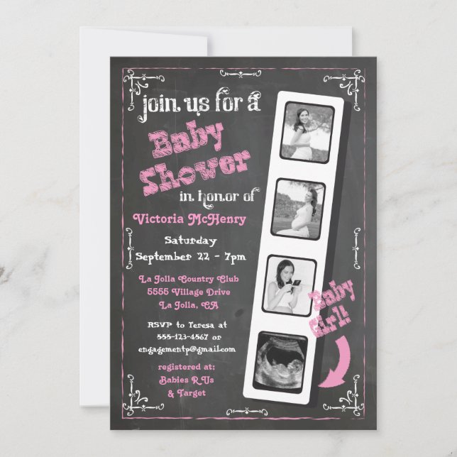 Chalkboard Film Strip Ultrasound Baby Girl Shower Invitation (Front)
