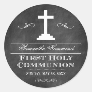 Chalkboard First Holy Communion Classic Round Sticker