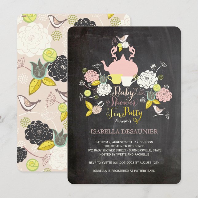 Chalkboard Floral Blooms & Birds Baby Shower Party Invitation (Front/Back)