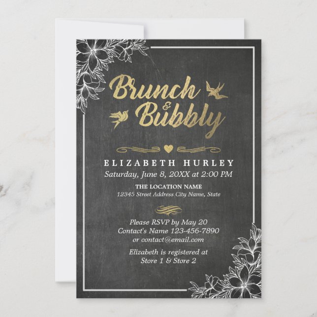Chalkboard Floral Brunch and Bubbly Bridal Shower Invitation (Front)