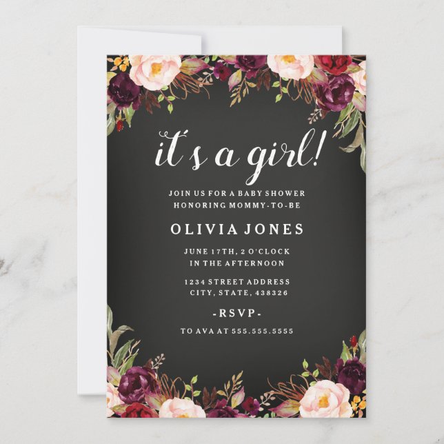 Chalkboard Floral Burgundy Baby Shower Invitation (Front)