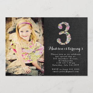 Chalkboard Floral Girls 3rd Birthday Party Invite