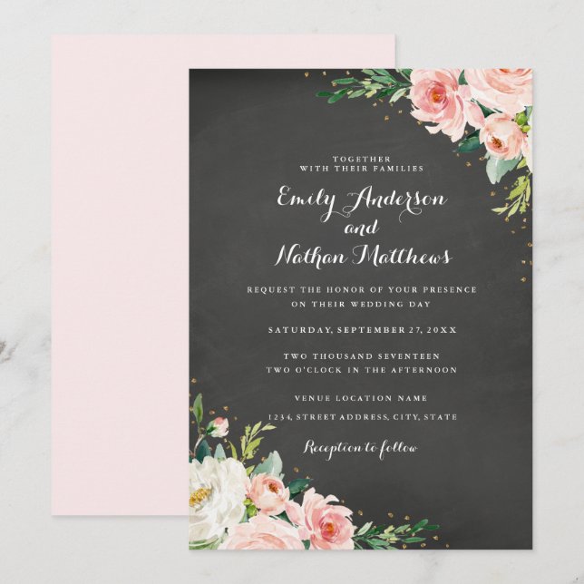 Chalkboard Floral Gold Blush Wedding Invitation (Front/Back)