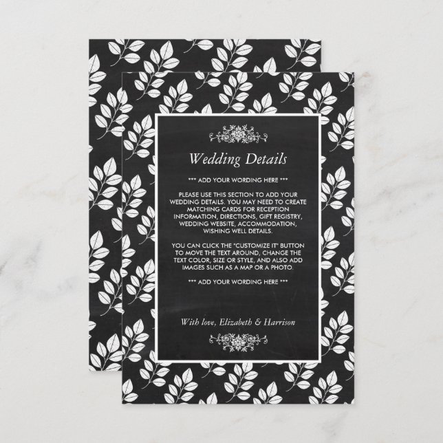 Chalkboard Floral Leaf Wedding Detail Enclosure Card (Front/Back)