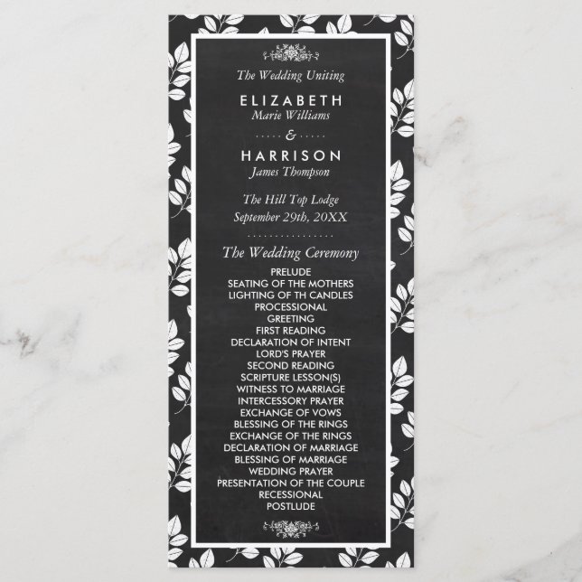 Chalkboard Floral Leaf Wedding Program Programme (Front)