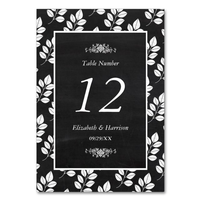 Chalkboard Floral Leaf Wedding Table No. Table Number (Front)