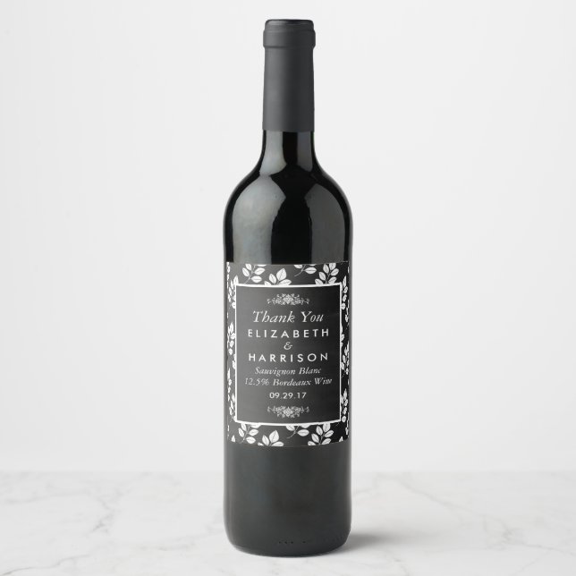 Chalkboard Floral Leaf Wedding Wine Label (Front)