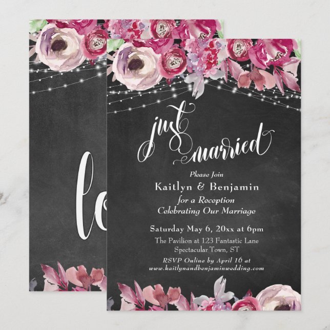Chalkboard Floral Lights Just Married Reception Invitation (Front/Back)