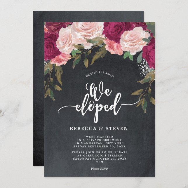 chalkboard floral modern we eloped invitation (Front/Back)
