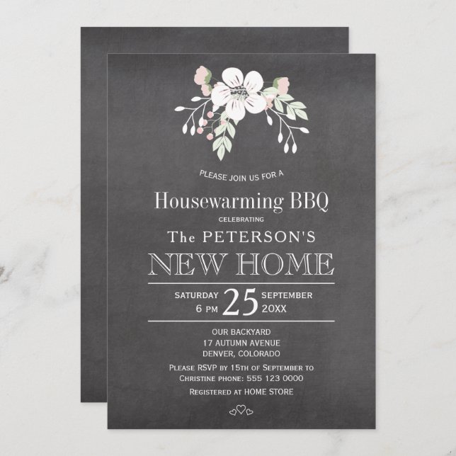Chalkboard floral rustic housewarming bbq invitation (Front/Back)