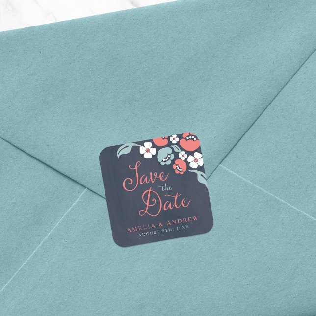 Chalkboard Floral Save the Date Square Sticker (Creator Uploaded)