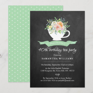 Chalkboard Floral Teacup Birthday Tea Party Invitation