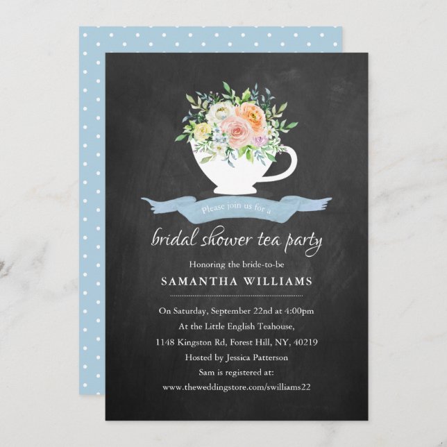 Chalkboard Floral Teacup Bridal Shower Tea Party Invitation (Front/Back)